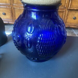Cobalt Blue Glass Cookie Jar Canister Cork Lid Fruit Design 10" H